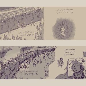 Tarun Lak Instagram - “Clickety-clack, chugging along the track. We cannot go back”

This was the first spread I worked on for ‘The Moon from Dehradun’ 🌙 and also took the longest. It was the heaviest scene to draw to carry the reality of hoards of people having to flee across the border on trains, literally packed to the roofs of the carriages. I tried to show a little story with each of the individual people in the crowd, since they would’ve all had a unique experience going through the traumatic Partition.

This still being Azra’s story, it was important to show it from her point of view. I played with a few compositions before landing on this one, with the help of my art director on the project. 

A print of this will be hung up at the Original Art Show by the Society of Illustrators in New York. If you’re around November 10 to February, feel free to drop by. I’m thrilled to be featured in their show.

Text by @shirinshamsi1 ✨

Published by @simonkids 

#themoonfromdehradun #picturebook #illustration 
#indiapakistan #partition #kidlitart