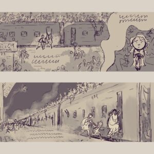 Tarun Lak Instagram - “Clickety-clack, chugging along the track. We cannot go back”

This was the first spread I worked on for ‘The Moon from Dehradun’ 🌙 and also took the longest. It was the heaviest scene to draw to carry the reality of hoards of people having to flee across the border on trains, literally packed to the roofs of the carriages. I tried to show a little story with each of the individual people in the crowd, since they would’ve all had a unique experience going through the traumatic Partition.

This still being Azra’s story, it was important to show it from her point of view. I played with a few compositions before landing on this one, with the help of my art director on the project. 

A print of this will be hung up at the Original Art Show by the Society of Illustrators in New York. If you’re around November 10 to February, feel free to drop by. I’m thrilled to be featured in their show.

Text by @shirinshamsi1 ✨

Published by @simonkids 

#themoonfromdehradun #picturebook #illustration 
#indiapakistan #partition #kidlitart