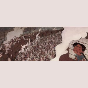 Tarun Lak Instagram - “Clickety-clack, chugging along the track. We cannot go back”

This was the first spread I worked on for ‘The Moon from Dehradun’ 🌙 and also took the longest. It was the heaviest scene to draw to carry the reality of hoards of people having to flee across the border on trains, literally packed to the roofs of the carriages. I tried to show a little story with each of the individual people in the crowd, since they would’ve all had a unique experience going through the traumatic Partition.

This still being Azra’s story, it was important to show it from her point of view. I played with a few compositions before landing on this one, with the help of my art director on the project. 

A print of this will be hung up at the Original Art Show by the Society of Illustrators in New York. If you’re around November 10 to February, feel free to drop by. I’m thrilled to be featured in their show.

Text by @shirinshamsi1 ✨

Published by @simonkids 

#themoonfromdehradun #picturebook #illustration 
#indiapakistan #partition #kidlitart