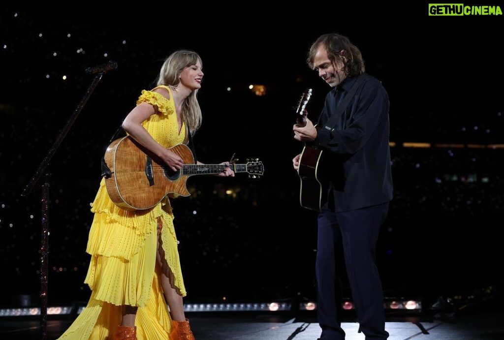 Taylor Swift Instagram - Really blows my mind that we have one last city on the US leg of The Eras Tour. Santa Clara this weekend was a partyyy, both crowds were so loud and rowdy. And I’ll never forget when @alanahaim @estehaim and @daniellehaim emerged wearing their gowns from the Bejeweled video 😂 Loved every second of those shows and can’t wait for LA. Playing six shows at Sofi Stadium lets goooooo. 💕 📷: @jeffkravitz @gettyimages