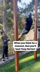 Tony Horton Instagram - For a moment…I thought I had em’…but alas @tonyshorton @tonyhortonfitness would get me! 😝 They’re called Levers…my PB has been 15…then he would do 17… So of course I’m thinking…I’m gunna go for broke and got 18! New PB!:/ Then he hops up, gets going, gives us a “side eye”, nearly falls asleep…and gets 20! Till next time brotha! I’m 60 he’s 65…I’m confident that @my_powerlife has something to do with our “Senior Citizen” strength:) Los Angeles, California