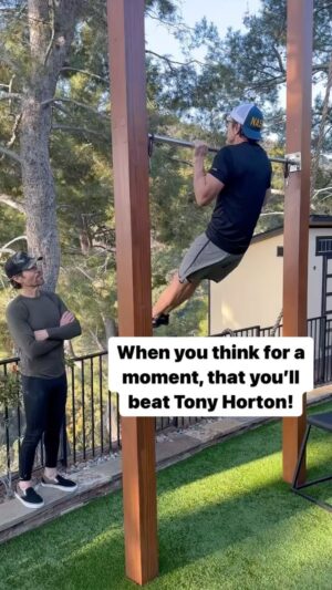 Tony Horton Instagram - For a moment…I thought I had em’…but alas @tonyshorton @tonyhortonfitness would get me! 😝 

They’re called Levers…my PB has been 15…then he would do 17…
So of course I’m thinking…I’m gunna go for broke and got 18! New PB!:/
Then he hops up, gets going, gives us a “side eye”, nearly falls asleep…and gets 20!
Till next time brotha!

I’m 60 he’s 65…I’m confident that @my_powerlife has something to do with our “Senior Citizen” strength:)