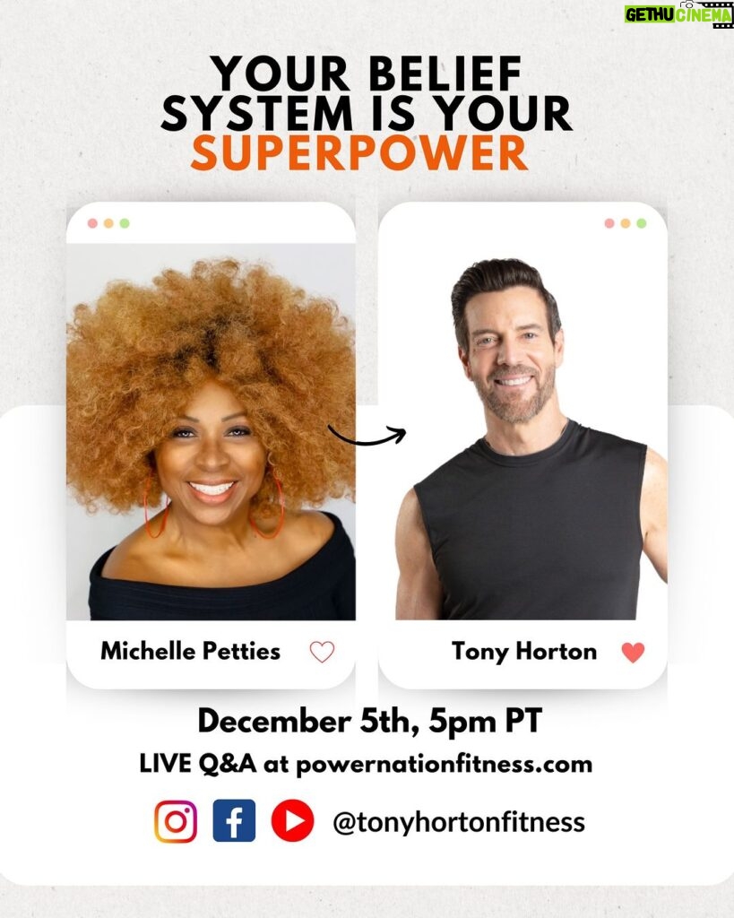Tony Horton Instagram - 🌟🚀 REMINDER: LIVE Mastermind Event with Tony Horton & Michelle Petties - Unlock Your Superpower! 🚀🌟 Hey everyone! This is your friendly reminder from me, Tony Horton, that TOMORROW, December 5th at 5pm PT/8pm ET, we're going LIVE with the awe-inspiring Michelle Petties! Michelle's journey is one that resonates with so many of us - transforming from a food addict to an award-winning writer, turning her struggles into triumphs. Having lost and gained over 700 pounds in her lifetime, her story of overcoming chronic yo-yo dieting, depression, and defeat is nothing short of motivational. 👉 Don't miss this chance to hear Michelle share her powerful message and personal insights. Join us LIVE on: Tony Horton Fitness Facebook Page https://www.facebook.com/tonyshortonfitness Tony Horton Fitness YouTube Channel https://www.youtube.com/@tonyhortonfitness Tony Horton Fitness Instagram Page https://www.instagram.com/tonyhortonfitness/ Power Nation Fitness Platform (Live Q+A for Premium Subscribers) https://powernationfitness.org/programs/michellepetties 🌟 To get your questions answered LIVE, log into Power Nation or sign up for our FREE 14-day Trial as a Premium Subscriber [Click Here] ==>> https://powernationfitness.org/pages/join-today Mark your calendars, set your alarms, and let's dive into how your belief system can be your greatest superpower! 👉 Follow-Up Event: And hey, keep the inspiration flowing! Join me and Melissa Costello on my NEW Instagram Page, @tonyhortonfitness, on Wednesday, December 6th at 3pm PT / 6pm ET for tips on "How to Celebrate SMART this Holiday Season!" Trust me, it's a session you won’t want to miss! [Follow Here] ==>> https://www.instagram.com/tonyhortonfitness/ Looking forward to seeing you there! Your Pal, Tony #LiveMastermind #TonyHorton #MichellePetties #YourSuperpower #PowerNation #LiveEvent #InspirationalJourney #CelebrateSmart #TonyHortonFitness