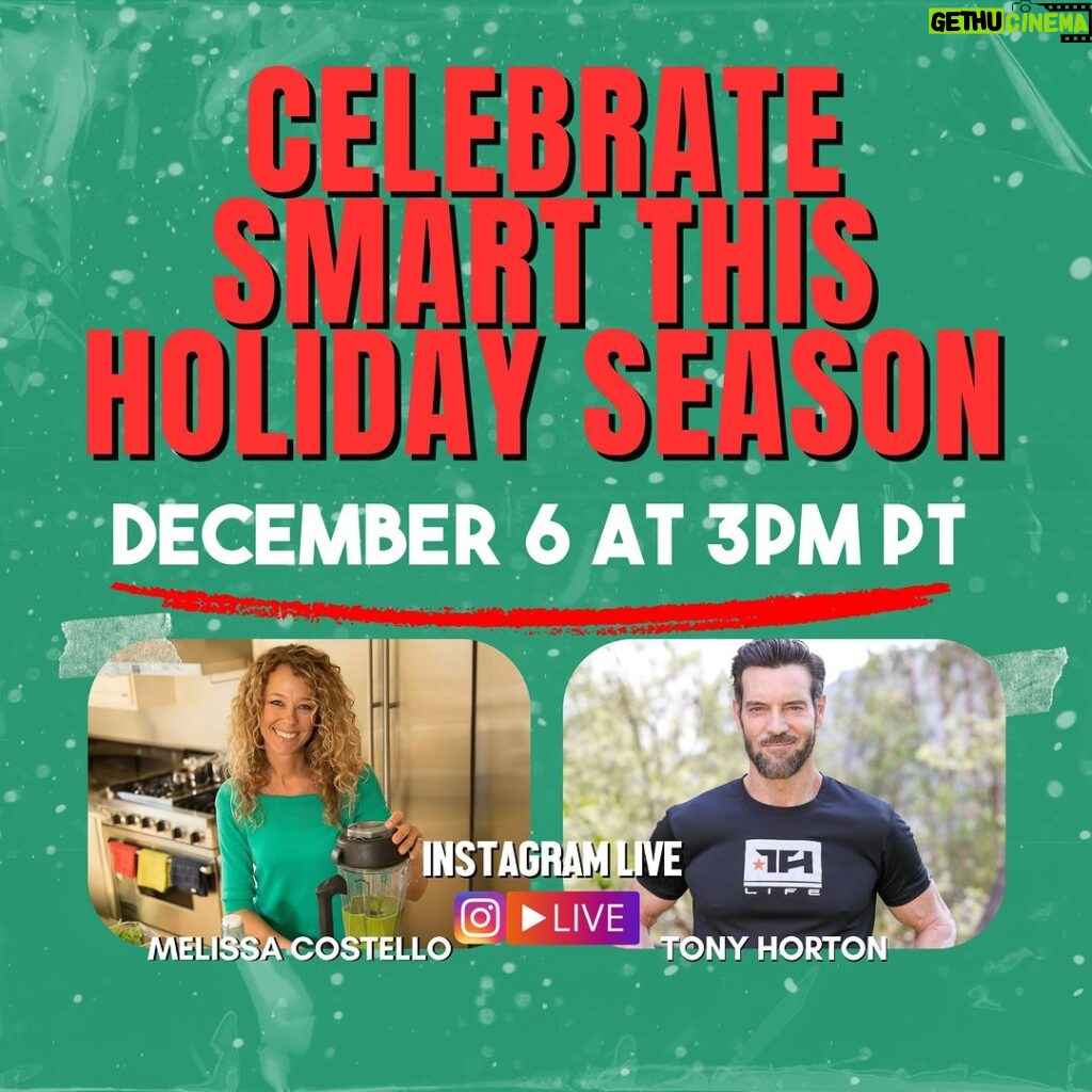 Tony Horton Instagram - 🎊🥳 Celebrate Smart this Holiday Season! 🥳🎊 It's December, and the festive vibes are stronger than ever! Want to revel in the season's joy without the "next-day regrets"? I've got just the thing for you! Join the incredible Melissa Costello and yours truly for an Instagram Live on my BRAND NEW PAGE @tonyhortonfitness on December 6 at 3pm PT for "Celebrate Smart this Holiday Season." We're here to arm you with savvy celebration strategies to keep your health and fitness on track. 🌟🍽️ We'll be dishing out (pun intended!) all the best ways to enjoy the holiday cheer while keeping those fitness goals in check. From navigating party platters to smart snacking, we've got tips that will see you through New Year's! And because it's the season of giving, expect to unwrap some of my favorite holiday recipes that are big on flavor but smart on calories. 🍲🎁 Get ready to toast to your health, and let's make this a December to remember—for all the right reasons! Mark your calendar, set a reminder, and don't miss out on the festive fun! #CelebrateSmart #HealthyHolidaySeason #TonyHorton #MelissaCostello #SmartCelebrations #PowerNationHoliday