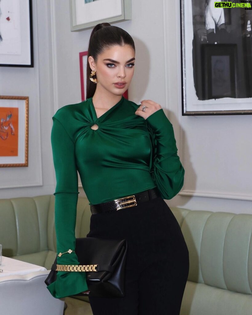Victoria Beckham Instagram - My #VBMuse @NadiaFerreira looking so gorgeous in my B Jumbo Frame Belt in Black Croc-Effect, Gathered Detail Top in Emerald and signature black leather #VBChain (all available now!!). Kisses xx Shop now at VictoriaBeckham.com and at 36 Dover Street.