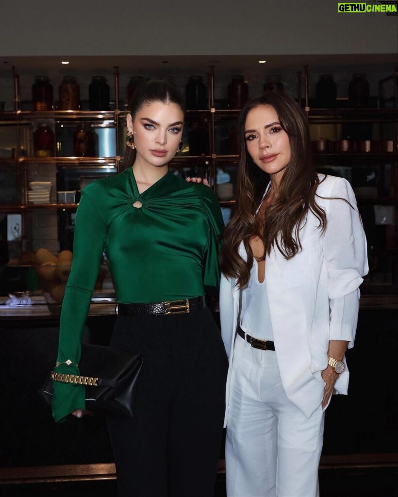 Victoria Beckham Instagram - My #VBMuse @NadiaFerreira looking so gorgeous in my B Jumbo Frame Belt in Black Croc-Effect, Gathered Detail Top in Emerald and signature black leather #VBChain (all available now!!). Kisses xx Shop now at VictoriaBeckham.com and at 36 Dover Street.