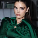 Victoria Beckham Instagram - My #VBMuse @NadiaFerreira looking so gorgeous in my B Jumbo Frame Belt in Black Croc-Effect, Gathered Detail Top in Emerald and signature black leather #VBChain (all available now!!). Kisses xx Shop now at VictoriaBeckham.com and at 36 Dover Street.