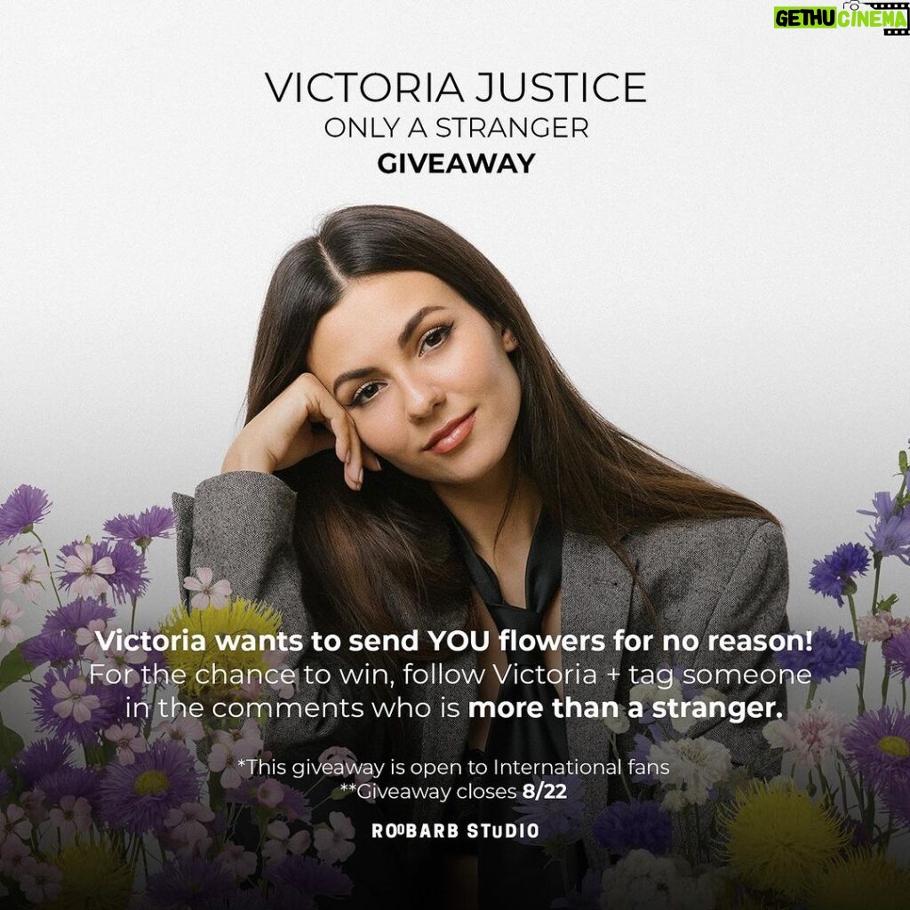 Victoria Justice Instagram - I think you’re special & I want to send YOU flowers for no reason 🥰. As a thank you for all the love on #OnlyAStranger, I’m partnering with @roobarbstudio to send floral arrangements to a lucky few of you! For a chance to win, follow me + tag someone in the comments who’s more than a stranger. *Giveaway closes 8/22 & is also open to International fans*