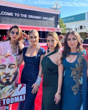Yasmine Aker Instagram - This year, I had the honor of attending the Grammy’s with @azadeh.afsahi @shivaspix and @saraseyed — to be present for the award given to Shervin Hajipour @shervinine for his song 
"Baraye". A song that has united Iranians across the world.

Thank you to @azadeh.afsahi for continuing to bring awareness to #toomajsalehi a rapper who is currently still in solidarity confinement for the simple act of his rap lyrics demanding justice for the people of Iran. 

Thank you to @weareuia for staying in contact with the Grammy’s and Shervin Jaan throughout the evening and creating the opportunity for us to participate. 

Thank you @azitamirjewelry for the beautiful human hair bracelet — Azita is an Iranian artist who collected the hair from women globally and created this piece as a symbolic armor against the Islamic Regime currently occupying Iran. The cuff bracelet is a symbol of female power and the fight for freedom, equal rights, and liberty.

#womanlifefreedom #baraye #grammys #freetoomaj