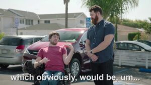 Zach Anner Instagram - @BraunAbility thinks it's important for you not to park in those blue stripey lines next to accessible spaces. But I've got plenty of other options! 
How would you handle this situation? 
#DriveForInclusion #Sponsored
