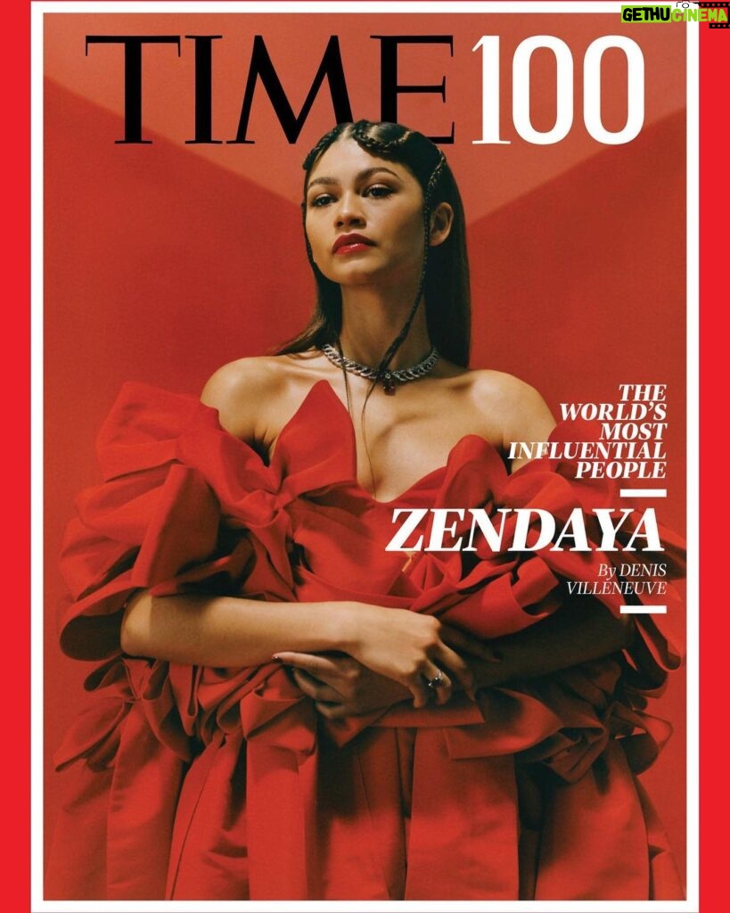 Zendaya Instagram - A great honor. Thank you @TIME for this acknowledgment, and to Denis for his kind words. This means the world to me♥️ #TIME