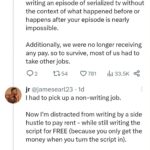 Adam Conover Instagram - If you have any doubt - ANY doubt - that television writers are being asked to work for such low pay in such precarious conditions that many can't afford to pay rent - read this thread. Reposted with permission from @jamesearliii