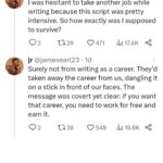 Adam Conover Instagram - If you have any doubt - ANY doubt - that television writers are being asked to work for such low pay in such precarious conditions that many can't afford to pay rent - read this thread. Reposted with permission from @jamesearliii