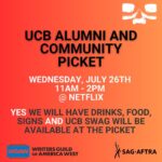 Adam Conover Instagram – Hey UCB friends and alumni! Tomorrow at 11am @gregorcorp, @ucbtla and I are cohosting a UCB reunion on the picket line at Netflix! Food, fun, and free ice cream starting at 10:30! Come out.