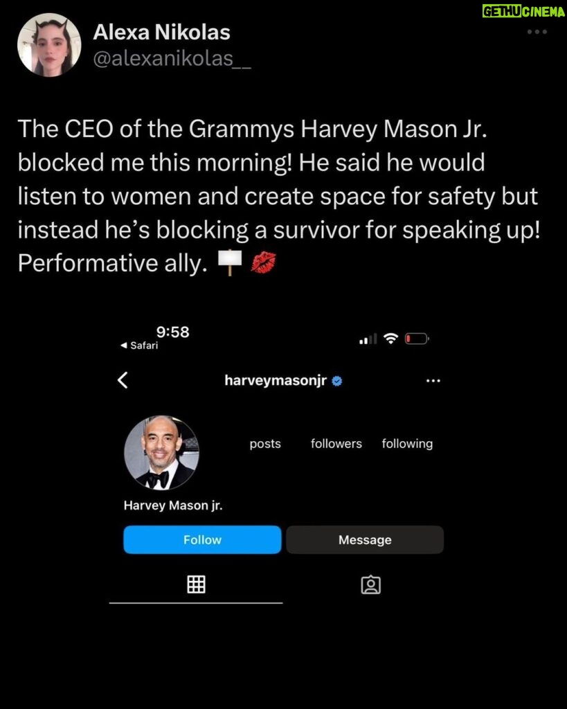 Alexa Nikolas Instagram - Harvey your job as a CEO @recordingacademy is to have hard conversations and like you said “listen to women”. Today you chose to not listen to a woman. Today you chose to not listen to a survivor. Instead you followed in the footsteps of the recent allegations against your company and silenced my voice on behalf of all voices that have been silenced by this industry by blocking me after posting an open letter to you. I am rooting for you to put your words into action but this was simply not it. What you preach now feels performative and we would all rather see you being your best self. You can do it Harvey. ✊