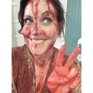Allison Tolman Instagram - Last year around this time I spent a few days on set with the folks over at @shiningvalestarz and as a thank you they dumped several gallons of blood onto me. All episodes featuring Principal Sandy Woodcock are out now!