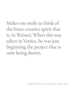 Angelina Jolie Instagram - I have this up in my home. Makes me smile and think of the brave creative spirit that is Ai Weiwei. My friend @jr took this when we all found each other in Venice and Ai was beginning the project that is now being shown. 

#AiWeiwei @aiww @berengostudio