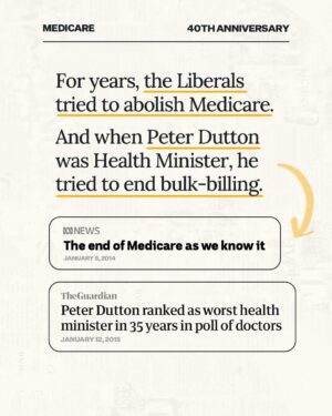 Anthony Albanese Instagram - Medicare is part of what it means to be Australian.

While Labor built it, the Liberals fought against it every step of the way. 

And as Health Minister, Peter Dutton tried to introduce a tax on seeing your GP. 

We believe getting health care should depend on your Medicare card, not your credit card.

That’s why we’re working hard to protect and strengthen Medicare for all Australians.