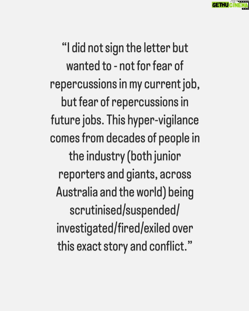 Antoinette Lattouf Instagram - Testimonies from journalists who didn’t - or couldn’t - sign the letter calling for greater scrutiny in the reporting of the violence unfolding in the Middle East. There were too many responses to include all of them but you get the idea. They come from journos in TV, print and online newsrooms, across both commercial and public broadcasters. The aim with sharing these is to give you a glimpse of the pressure some journalists are under and to make it clear that even though many didn’t sign the letter publicly, they support the letter privately.
