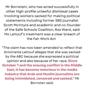 Antoinette Lattouf Instagram - A statement from one of my lawyers Josh Bornstein @mauriceblackburnlawyers and I.

I’m very fortunate to be supported and represented by a formidable team that includes Josh and also Sarah Ibrahim of @central.lawyers 

#nofearnofavour