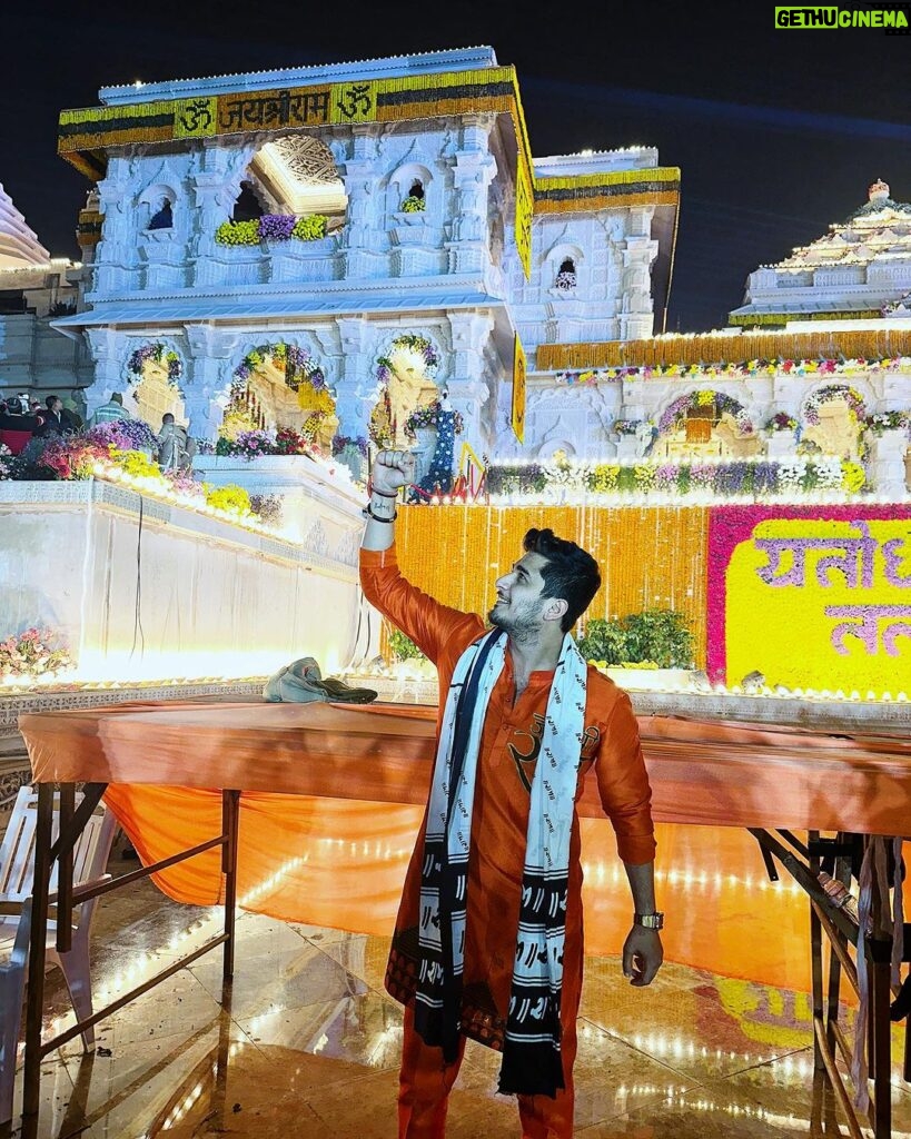 Bhavin Bhanushali Instagram - 22-01-2024. The day our ancestors fought for. The day that came after 500 years. Can’t be more happy to be at Ram mandir Ayodhya on this day❤️ Jay Shree Ram 🚩 Jay Jay Garvi Hindu 🚩 Outfit by: @bhanu.designer #jaishreeram #ayodhya #rammandir Ayodhya Dham