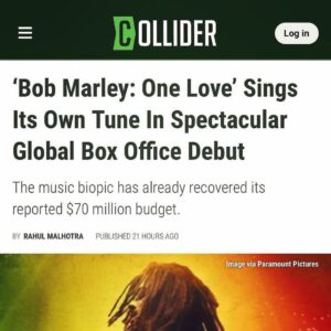 Bob Marley Instagram - From @lashanalynch, who plays @officialritamarley in @onelovemovie :
No. 1 at the box office! And your reviews are making me feel some type of way. Proud and thankful for all the love for #OneLoveMovie. A movie for the people 💚💛🖤