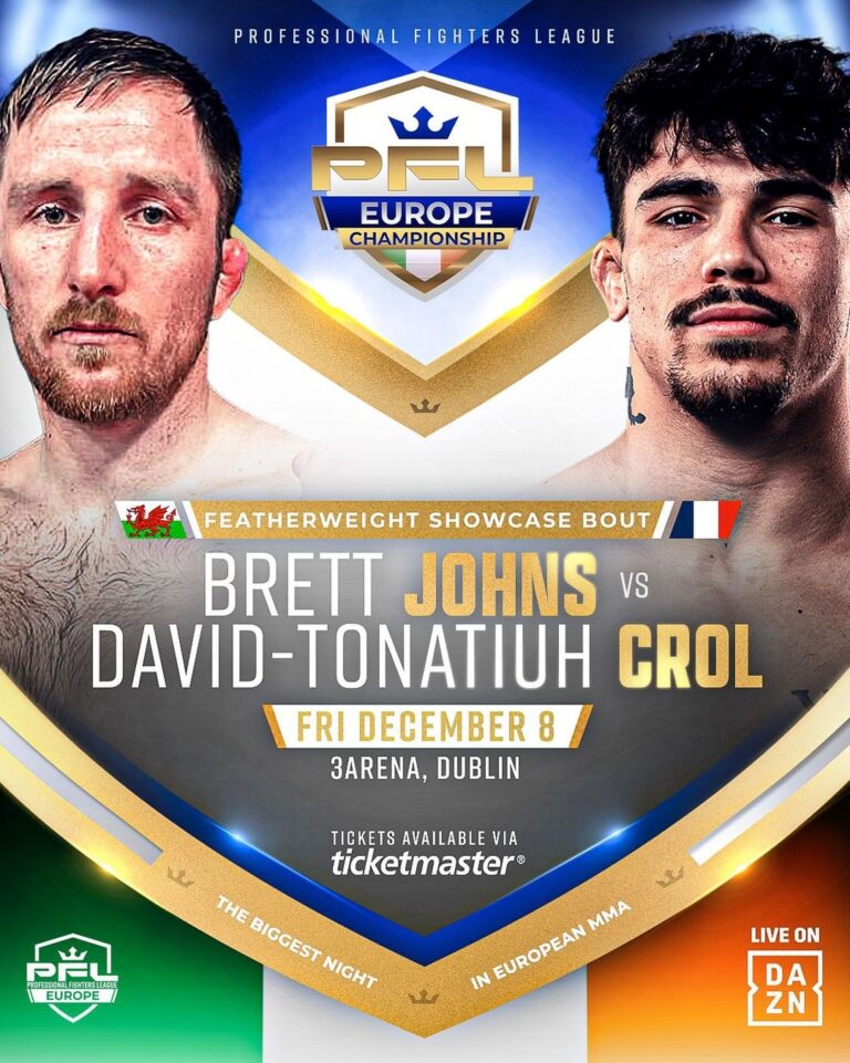 Brett Johns Instagram - 🏴󠁧󠁢󠁷󠁬󠁳󠁿 𝐓𝐇𝐄 𝐏𝐈𝐊𝐄𝐘 🆚 𝐓𝐎𝐍𝐀 🇫🇷 Welsh star @BrettJohnsMMA (19-3) and France’s @Tona_Crol (11-7) clash in a much-anticipated showdown! [ 🇮🇪 #PFLDublin l 🗓 Fri Dec 8 l 🏟 @3ArenaDublin l 📺 LIVE on @DAZN_MMA l 🎟️ Special @TMIE Promotion - 30% off on tickets (link in bio) ] Dublin, Ireland