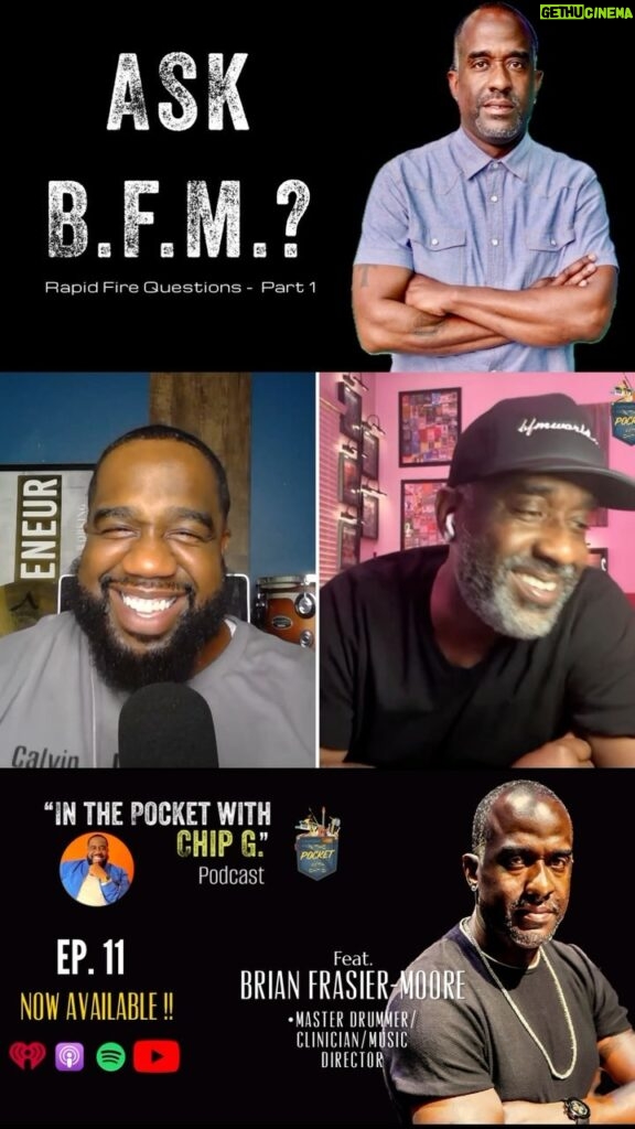 Brian Frasier-Moore Instagram - EP.11 Highlights: Pro drummer @bfm22 answers some fun rapid fire questions. Click the link in my bio to view this episode and subscribe. The audio to this podcast is available on all streaming platforms. #inthepocketwithchipg #stayinthepocket #philadelphia #bfmworld #losangeles #drummer #askbfm #podcast #rapidfire #musicinterview #popularpage #203chipg Los Angeles, California