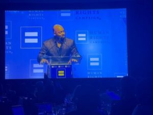 Brianna Baker Instagram - Honored to be @the_brianmichael ‘s guest at the @humanrightscampaign LA dinner this past weekend. Their mission: “We are here and we will fight until everyone’s rights are protected under the law, without exception.” PROTECTED without EXCEPTION. People are proposing and passing legislation that quite literally takes away Brian’s freedom to exist and be protected by the law. I stand with him and the Human Rights Campaign, and will not pretend it isn’t happening or how incredibly dangerous this makes the world for so many vulnerable people- especially children. Should you care to donate to this fight- link is in my bio
❤️🏳️‍⚧️✊🏽

P.S. Slide 2 is Brian’s speech. It was profound and moving to say the least. So much that at the end of that clip you hear someone say “f*ck” under their breath….that was @julesworks 😂