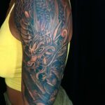 Brittany S. Hall Instagram - Reconstructing my sleeve. What once told a tale about destroying yourself for love will now be a story to show the embodiment of fierceness, strength, personal power, protection over one’s peace, and good fortune. @nellyartist2.0 did my first sleeve a decade ago. 10 hours on our first session of my reconstruction. I changed the narrative.🐉🐲