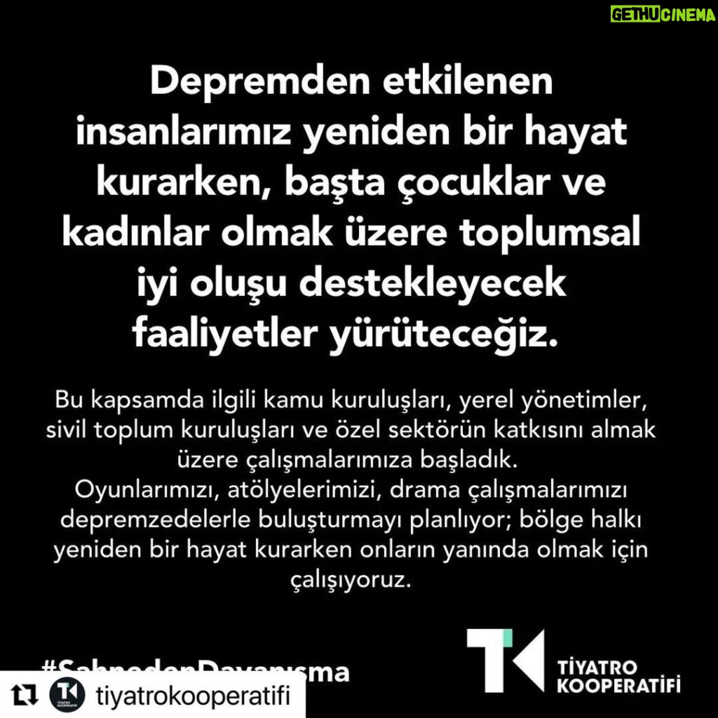 Burak Satibol Instagram - Ortağımız olan 76 özel tiyatro ve tüm bileşenlerimizle #SahnedenDayanışma’yı büyütüyoruz. 📌 Oyun Gelirlerimizi @afetplatformu ’nda yer alan Sivil Toplum Kuruluşları ile paylaşıyoruz. 📌 Barınma ihtiyacı için, paydaşımız @ihtiyacharitasiofficial 'ın #BirKiraBirYuva Projesi’ni destekliyoruz. 📌 Depremzedelere destek olan seyircilerimizi oyunlarımızda misafir edeceğiz. @afetplatformu 📌 Afet bölgesindeki meslektaşlarımız @akdenizbolgetiyatrokooperatifi ve @ahuratiyatrokooperatifi ile dayanışma içinde olacağız. 📌 Depremden etkilenen insanlarımız yeniden bir hayat kurarken, başta çocuklar ve kadınlar olmak üzere toplumsal iyi oluşu destekleyecek faaliyetler yürüteceğiz.