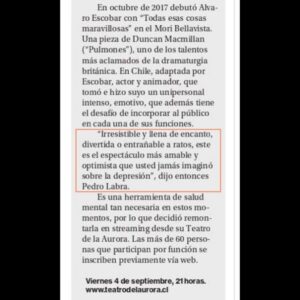 Álvaro Escobar Instagram - Falta muy poco para la función de este viernes! Gracias por acompañar. Los espero mañana a las 21 hrs.

Accesos en www.teatrodelaurora.cl