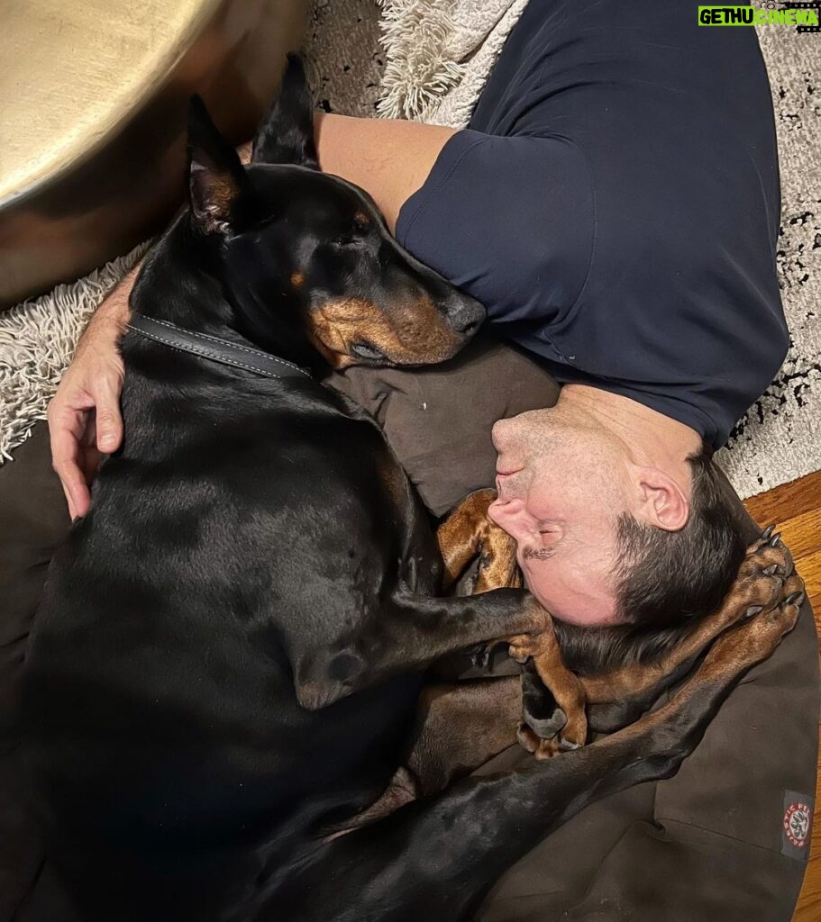 Cameron Mathison Instagram - He looks tough but he’s a total softy. The dog too😉. #dobielove #doberman #dogsofinstagram #dogsnuggles Los Angeles, California
