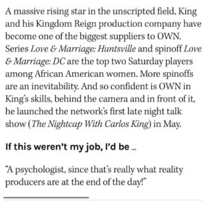 Carlos King Instagram - God is good. Thank you Hollywood reporter for naming me one of The Most Powerful Producers in Unscripted Television. This is a huge win for us all @kingdomreignent and the write up of me was beautiful. 🙏🏽❤️ (@hollywoodreporter )  SWIPE