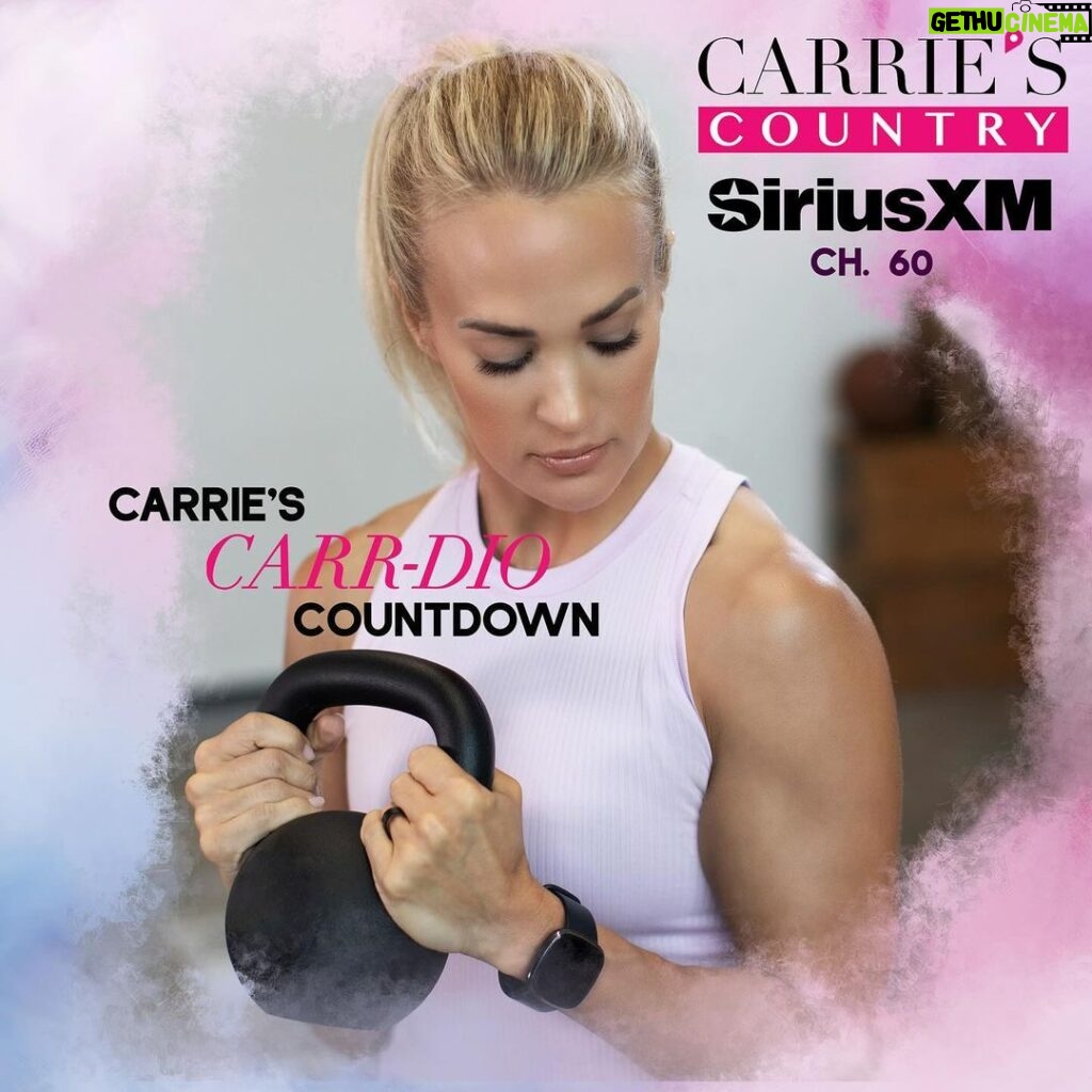 Carrie Underwood Instagram - Tune in this week as @carrieunderwood shares some of her favorite “pump you up” jams in a special edition of Carrie’s Countdown on @carriescountry!   Premiering today at 3PM ET on channel 60 or in the @siriusxm app. sxm.app.link/CarriesCarrdioCountdown
