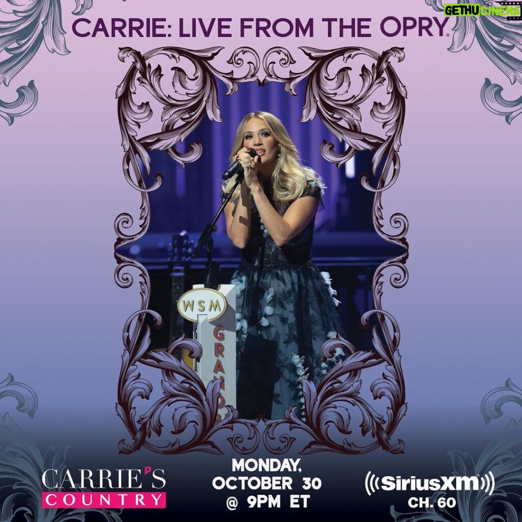 Carrie Underwood Instagram - Tune in TONIGHT AT 9PM ET on Channel 60 to hear Carrie’s Grand Ole Opry performance from Friday, October 27! Also available for a limited time on the @siriusxm app.