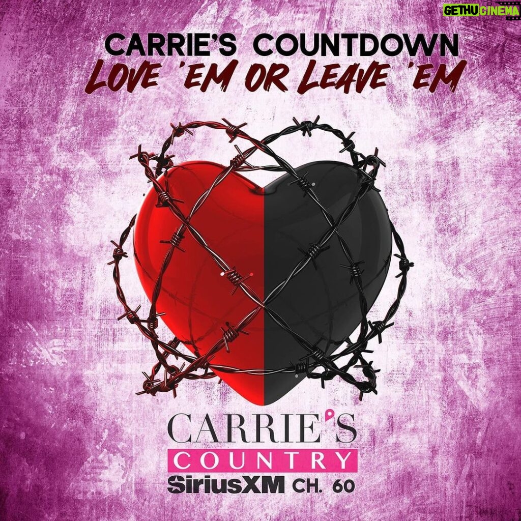 Carrie Underwood Instagram - Whether love is in the air this Valentine’s Day OR you’re feeling more like taking a Louisville Slugger to someone’s headlights…this month, @carrieunderwood shares her “Love ‘Em Or Leave ‘Em” playlist on a special edition of Carrie’s Countdown.  Premiering today on @siriusxm channel 60 or on demand in app. ❤🖤 sxm.app.link/HearCarriesCountdown