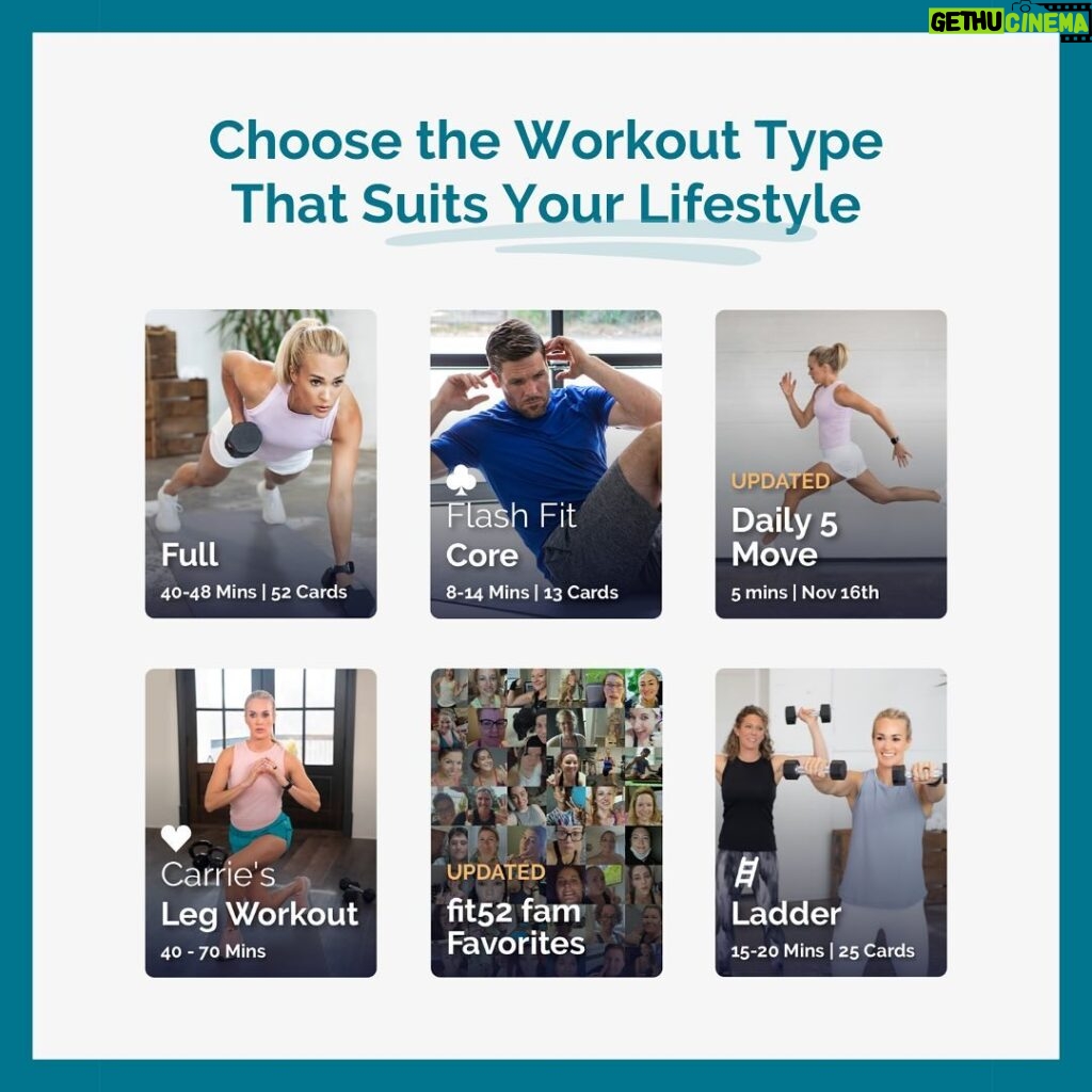Carrie Underwood Instagram - #Repost @fit52 ・・・ Whether you’re new to fit52 or just need a refresher, consider this your go-to guide for working out with us! Here’s a crash course on how our workouts work… All workouts start with a virtual deck of playing cards, and each card reveals an exercise with a number of reps. Card suits represent different target areas: ♠ = Cardio ♣ = Core ❤ = Lower Body ♦ = Upper Body Choose the area you want to focus on and the duration that works for your schedule (our workouts range from 5-60 minutes). Then, get ready to sweat! 💪💦 #fit52 #FitnessApp #FitnessGoals #FitnessMotivation #WorkoutFromHome #WorkoutFromAnywhere