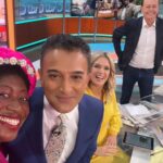Charlotte Hawkins Instagram - Friday on @gmb! Wearing a dress to channel some Bank Holiday sunshine! 😎🤞🤞 Great to be back in the hot seat with @adilray & lots of hot topics discussed including.. is the obsession with getting the perfect photo ruining holiday snaps?? @atehjewel & Quentin Willson happy to pose for a selfie after debating the issue! 📸 #gmb #goodmorningbritain