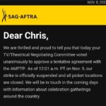 Chris Lamica Instagram - I am honored to have spent so many days walking the line and standing arm by arm with my brethren... fighting not only for the future of our profession, but of the industry as a whole.  It's amazing what can be accomplished when workers and people from all walks of life come together, in unity, and with a vision for a better, and more just, future. And DON'T BACK DOWN. We are at a pivotal time in history, with the greed of industries across the country are decimating the working class. Often seeming like a David vs Goliath battle that never can be won by David. But remember... you are worthy of getting what you rightfully deserve. And in this time of unprecedented corporate greed, we met it, head on, with an unprecedented show of worker response and force. Together, people and unions across the country, from all professions and backgrounds, can help fight for a change that can create a fairer and more democratic world. One based on the principles of love, solidarity, empathy, respect, equality, and compassion.  I am grateful of my union, @sagaftra -- and with immense amount of pride, and humility, I say.... I am an actor! --------------- In slide two - one of the most memorable experiences... I met the Screen Actor Guild's FIRST female President, Kathleen Nolan, and got to talk at length to her and her son @spencergarrett1 - she was and is such an inspiring human, whose lifelong commitment to the profession and Union cannot be overstated. Oh, and she gives the sweetest hugs! --------------- And the most meaningful experience.... my mom and dad, who are not attached to the union or profession in any way, drove across many state lines to be protest with me, and for me. It brings tears to my eyes writing this, as it is a moment of love and support that goes beyond words, and into action. Their unconditional love throughout means the world 🌎 ❤️ --------------- And to the hundreds (honestly, maybe thousands) of others I had the pleasure to meet and get to know on the line and along the way... our hard work paid off! And I hope "when you wish upon a star" that all your wishes and dreams come true ❤️ SAG-AFTRA