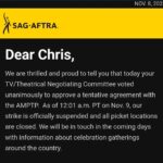 Chris Lamica Instagram – I am honored to have spent so many days walking the line and standing arm by arm with my brethren… fighting not only for the future of our profession, but of the industry as a whole. 

It’s amazing what can be accomplished when workers and people from all walks of life come together, in unity, and with a vision for a better, and more just, future. And DON’T BACK DOWN.

We are at a pivotal time in history, with the greed of industries across the country are decimating the working class. Often seeming like a David vs Goliath battle that never can be won by David. But remember… you are worthy of getting what you rightfully deserve. And in this time of unprecedented corporate greed, we met it, head on, with an unprecedented show of worker response and force.

Together, people and unions across the country, from all professions and backgrounds, can help fight for a change that can create a fairer and more democratic world. One based on the principles of love, solidarity, empathy, respect, equality, and compassion. 

I am grateful of my union, @sagaftra — and with immense amount of pride, and humility, I say…. I am an actor!

—————

In slide two –  one of the most memorable experiences… I met the Screen Actor Guild’s FIRST female President, Kathleen Nolan, and got to talk at length to her and her son @spencergarrett1 – she was and is such an inspiring human, whose lifelong commitment to the profession and Union cannot be overstated. Oh, and she gives the sweetest hugs!

—————

And the most meaningful experience…. my mom and dad, who are not attached to the union or profession in any way, drove across many state lines to be protest with me, and for me. It brings tears to my eyes writing this, as it is a moment of love and support that goes beyond words, and into action. Their unconditional love throughout means the world 🌎 ❤️ 

—————

And to the hundreds (honestly, maybe thousands) of others I had the pleasure to meet and get to know on the line and along the way… our hard work paid off! And I hope “when you wish upon a star” that all your wishes and dreams come true ❤️ SAG-AFTRA