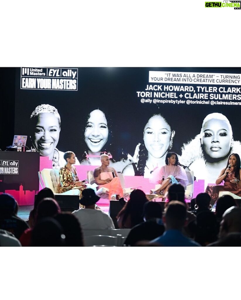 Claire Sulmers Instagram - “It was all a dream. Turning your dreams into creative currency.” During #artbasel , I had the pleasure of hitting the stage at #EarnYourMasters and sit alongside amazing creatives and business women @clairesulmers @torinichel @inspirebytyler and @jackhoward_gems to chat financial literacy and creative currency. School doesn’t always teach us the practical tools we need to succeed as entrepreneurs! Thank you @UnitedMasters @Ally and @EarnYourLeisure, for creating a space where we can learn from and empower each other💣 See some of my #financetips on my @tiktok @clairesulmers !! Dress: @houseofcb . To have me wear your brand or speak at your next event, e-mail book@clairesulmers.com. 📸 @pur51photography #clairesulmers #thebomblife #artbasel #earnyourleisure #ally #houseofcb #miamiartbasel