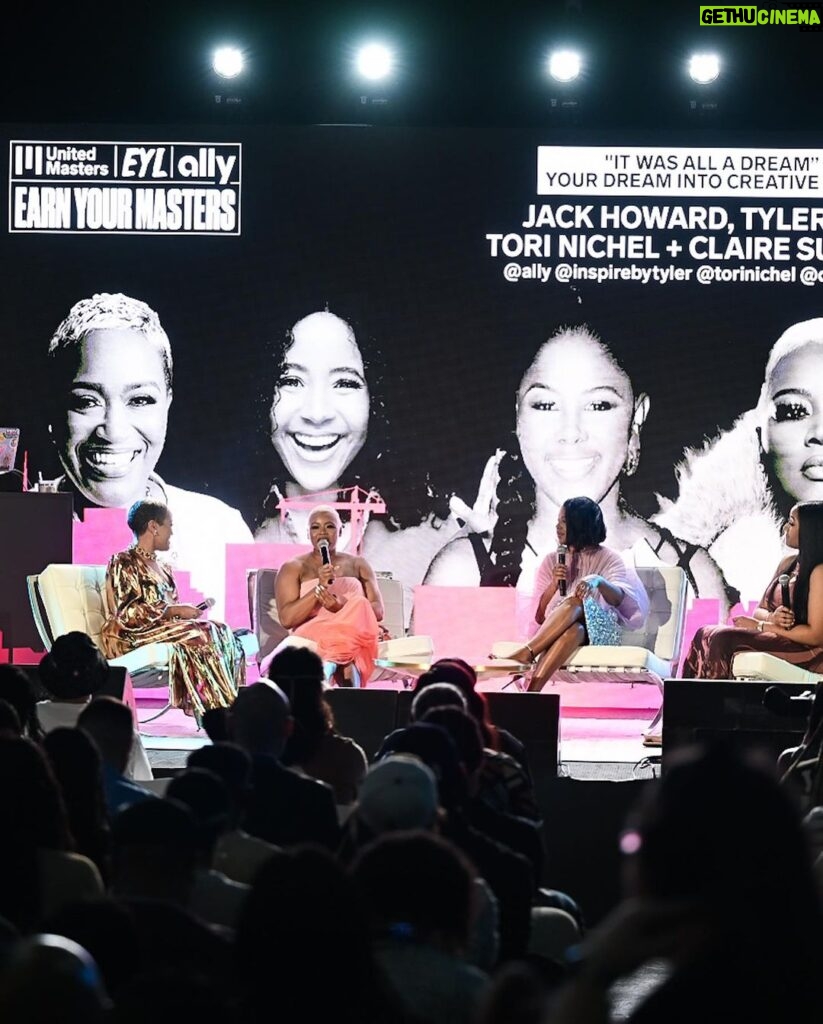 Claire Sulmers Instagram - “It was all a dream. Turning your dreams into creative currency.” During #artbasel , I had the pleasure of hitting the stage at #EarnYourMasters and sit alongside amazing creatives and business women @clairesulmers @torinichel @inspirebytyler and @jackhoward_gems to chat financial literacy and creative currency. School doesn’t always teach us the practical tools we need to succeed as entrepreneurs! Thank you @UnitedMasters @Ally and @EarnYourLeisure, for creating a space where we can learn from and empower each other💣 See some of my #financetips on my @tiktok @clairesulmers !! Dress: @houseofcb . To have me wear your brand or speak at your next event, e-mail book@clairesulmers.com. 📸 @pur51photography #clairesulmers #thebomblife #artbasel #earnyourleisure #ally #houseofcb #miamiartbasel
