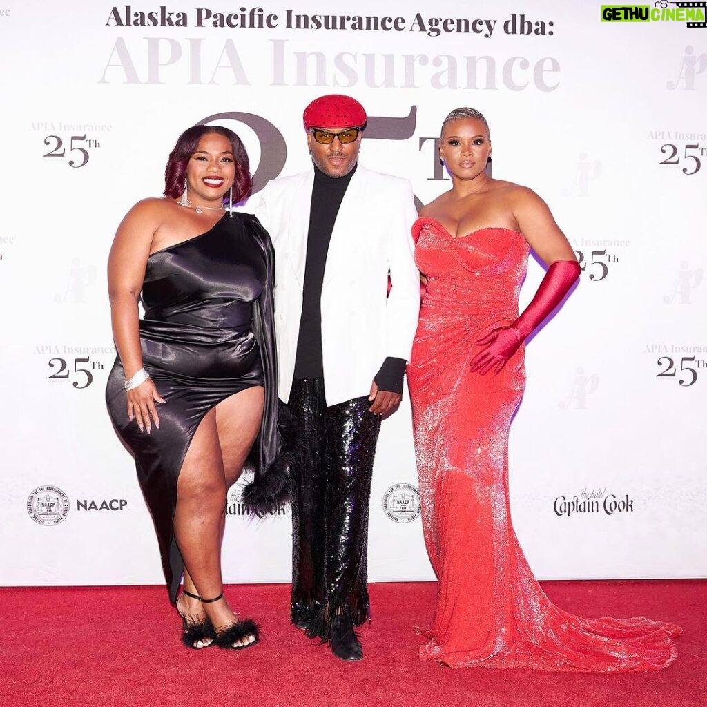 Claire Sulmers Instagram - Over the weekend, @fashionbombdaily touched down in #Alaska to cover the #redcarpet of @tracey_parrish_insurance_lady ‘s 25th anniversary celebration of her company @apiainsurance ! The soirée was action packed, and included several performances including poetry by @dasha_kellham , giveaways by @yvettecrocker_artist , music by @graceweber , comedy by @kellykellz_22 , and looks from @alaskafurgalleryanchorage , modeled by @silverfoxsquad ! @imdrcah and I closed the night by awarding one of the guests with a cash prize for #bestdressed ! It was a fab time, and I loved to see how people get down in the Last Frontier! For the night, I wore a @valdrinsahiti gown and gloves from @tsmgofashionrental , and later slipped on a cape from @thefurandleathercentre ! Thx to @zerinaakers and @baldwinwearsblack for helping me look and feel glam in #Alaska ! Stay tuned for more pix + a write up on FashionBombDaily.com and TheBombLife.com. To have #fashionbombdaily cover your event, e-mail book@clairesulmers.com. What do you think? Makeup: @aderaseuoc 📸 : @sylvanusedi_photo #clairesulmers #thebomblife #alaskaphotography #alaskaadventure #alaskaliving #alaskalove #traceyparrish #clairesulmers #apiainsurance #tsmgofashionrental Anchorage, Alaska