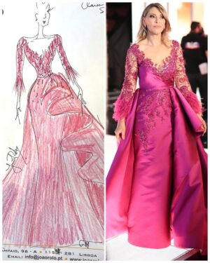 Clara de Sousa Instagram - Há uma semana por esta hora já estávamos em contagem decrescente para os @globosdeouro. 
Hoje, para fechar este ciclo, partilho convosco o desenho que a 29 de Julho, 9 semanas antes, o @joao_rolo_couture desenhou à minha frente, em 5 minutos no seu atelier, para “me dar uma ideia” do que visualizava para mim. 
Foi ❤️ à primeira vista. 
Muito obrigada mais uma vez João pelo vestido, mas sobretudo pela tranquilidade que me deste assim que percebi que estava com a pessoa certa. 
🥂 À tua saúde e sucesso e dos grandes profissionais que trabalham contigo! 🥂🥰
#sayyestothedress #globosdeouro #25anos #joaorolocouture #sic #agalamaisesperadadoano