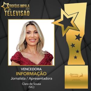 Clara de Sousa Instagram - Muito obrigada pela confiança renovada ano após ano. 
Ontem à noite, numa emissão online, recebi este troféu dos @trofeusdetelevisao por escolha do público. 
Agradeço ainda ao grupo Impala e ao júri que fez a seleção dos nomeados. 
#trofeusimpalatelevisao2021