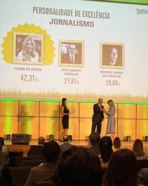 Clara de Sousa Instagram - Esta foi uma boa semana, com motivos de felicidade e gratidão, por várias razões. Uma delas… o prémio personalidade de excelência no jornalismo entregue pela @superbrandsportugal na quarta-feira, após votação do público. 
“Excelente notícia é deixar a nossa marca” lê-se na capa especial do livro que me entregaram. E eu acrescento que o maior património de um jornalista é a sua credibilidade, ou seja, ser uma marca de confiança. Por tudo, muito obrigada! 🙌
#superbrandsportugal #premios #jornalismo