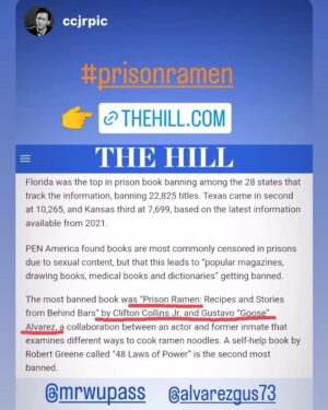Clifton Collins Jr. Instagram - #1 “MOST BANNED book in prison” #PrisonRamen now that’s some street cred! Life ain’t got time for busters, just keep it moving ! 👊 Big props n love to everybody that helped put this cook book of recipes and lessons together . Myself n co-author @alvarezgus73 in Chino State Prison on the first day they opened the doors back up after the riot, due to internal incompetence and lack of understanding of how things work inside. Now we giving back, sharing game & wisdom . Always popular around the holidays. @homeboyindustries 🙌 @samuelljackson @slash @officialdannytrejo @frgregboyle @misterctoons @estevanoriol @therealclancybrown @jacobvargas @roger.avary #ShiaLeBeouf @tarynmanning @neilbrownjr @fmeeink #TroyDuffy @davidfaustino @rusty_coones @workmanpub and my ace @dkrintz and @ccjrpic for the heads up , good looking out ! 👊🙏