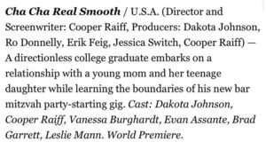 Cooper Raiff Instagram - cha cha real smooth is going to premiere at #Sundance jan 20-30!!!! i’m really proud of what we made and can’t wait for people to see it. you can get tix at festival.sundance.org to see in person or online whatever you want! we’re going to get funky!!!! thank you @sundanceorg !!!!