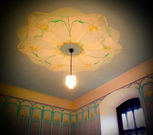 Crispin Glover Instagram - A look up at the ceiling of this same room as the previous photo of the restored frescoes reveals a detail of interlocked flowers and arms. Zamek Konarovice, Czech Republic